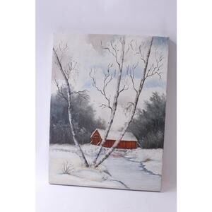 Winter Watermill Oil Painting, Red House, Landscape, 12 x 16 inches, Vertical,